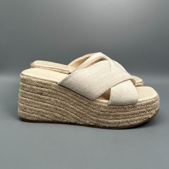 ASOS Design Wide Fit Teddy 2 Women's 8 Beige Wedge Slide Cross Slip-On Peep Toe - Picture 1 of 10